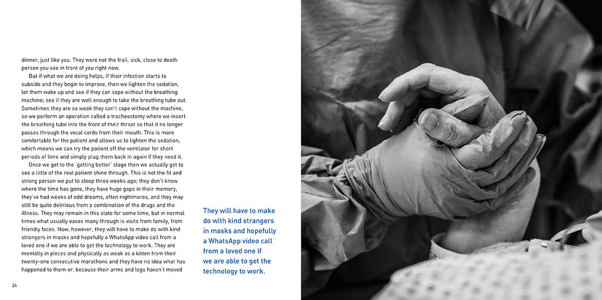 Photograph of nurse holding patients hand - Behind the Mask The NHS family and the fight with COVID-19 by Glenn Dene published by graffeg photography book