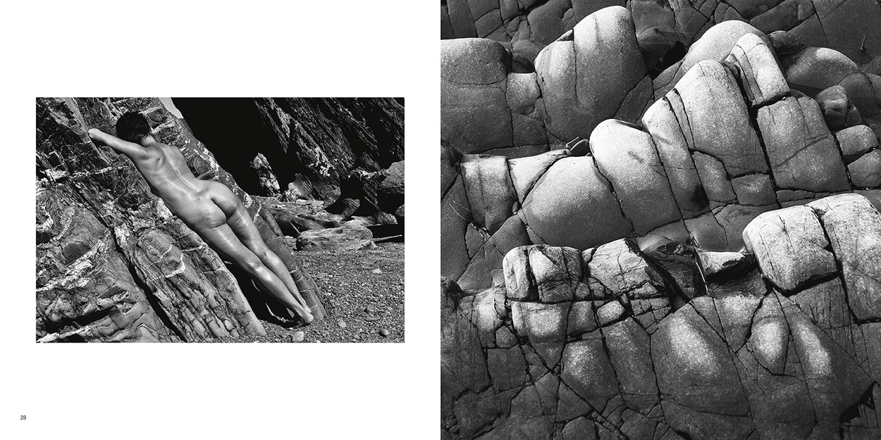 Photograph of nude lady (L) and rock formation (R) Body Rock Sand by Ian Jacob book cover - art photography book